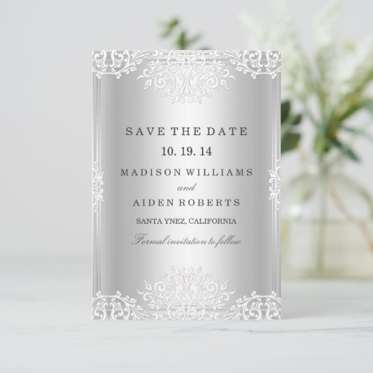 Zilveren Glamor Wedding sparen de Datum Save The Date (Staand voorkant)
