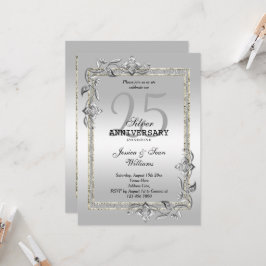Zilveren Glans & Glitter 25-jarig Huwelijksjubileu Kaart