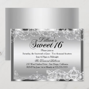 Zilveren Glans Prinses Thema Sweet 16 Uitnodiging