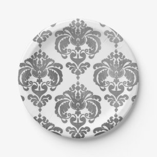 Zilveren Glans & Witte Damast Vintage Trouwfeest Papieren Bordje