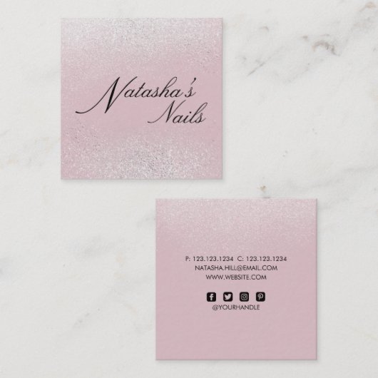 Zilveren glanspoeder en roze visitekaartje (Voorkant / Achterkant)