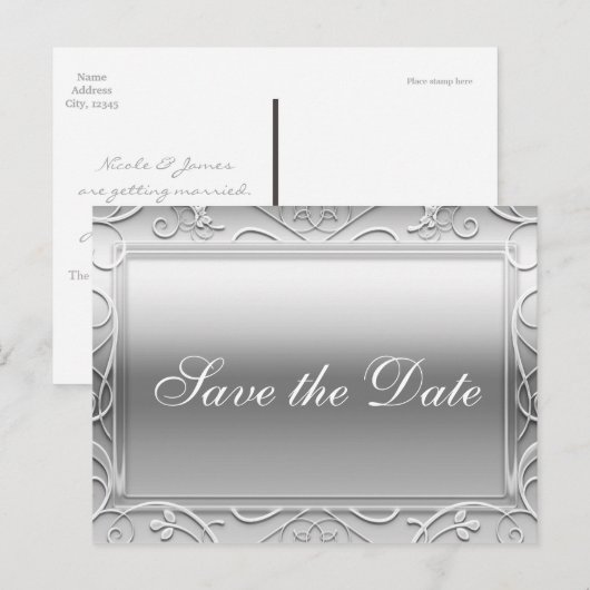 Zilveren glanzende elegante bruiloft Save Date Bri Aankondigingskaart (Voorkant / Achterkant)