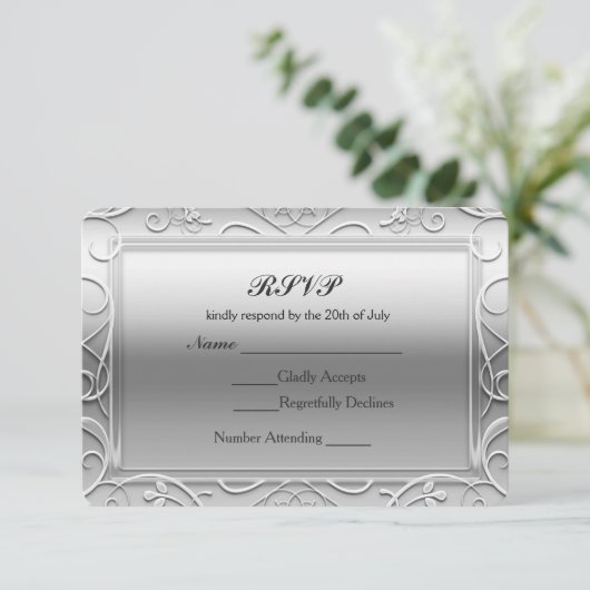 Zilveren glanzende Elegante Glamour bruiloft RSVP  (Staand voorkant)