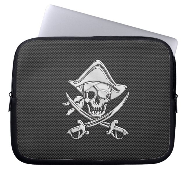 Zilveren glimlachende piraat op koolstofvezelstijl laptop sleeve (Voorkant)