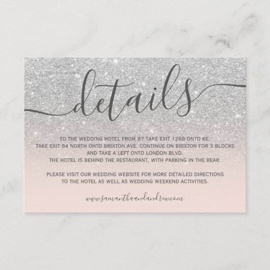 Zilveren glinster ombre roze schrift details informatiekaartje (Voorkant)