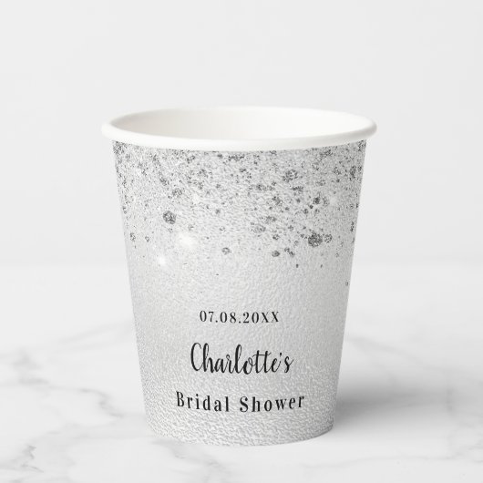 Zilveren glinsterende elegante monogram voor bruid papieren bekers (Voorkant)