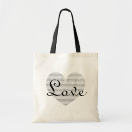 Zilveren glinsterende monogram streep liefdeshart tote bag