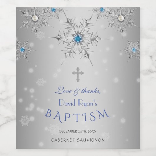 Zilveren glinsterende sneeuwvlokken kristal blauwe wijn etiket (Enkel label)