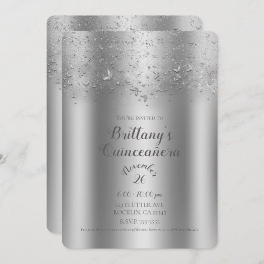 Zilveren glinsterende vlinder Quinceañera-feest Kaart (Voorkant / Achterkant)