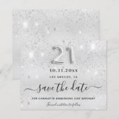 Zilveren glitter 21e verjaardag save the date kaar (Voorkant / Achterkant)