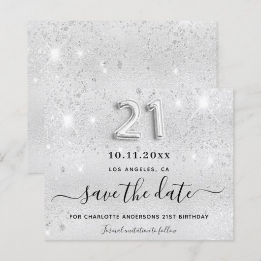 Zilveren glitter 21e verjaardag save the date kaar (Voorkant / Achterkant)