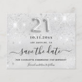 Zilveren glitter 21e verjaardag save the date kaar (Voorkant)