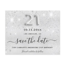 Zilveren glitter 21e verjaardag save the date kaar