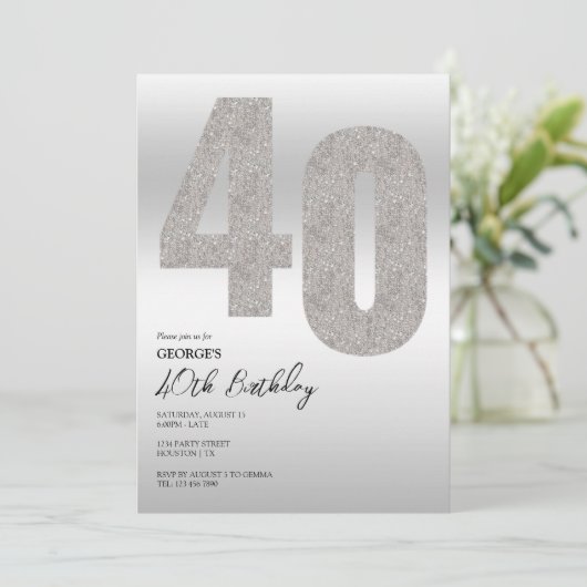 Zilveren Glitter 40e Verjaardagsfeestuitnodiging Kaart (Staand voorkant)