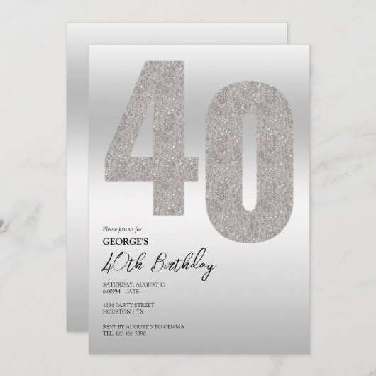 Zilveren Glitter 40e Verjaardagsfeestuitnodiging Kaart (Voorkant / Achterkant)