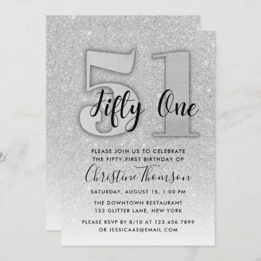 Zilveren Glitter 51e Verjaardagsuitnodiging Kaart (Voorkant / Achterkant)