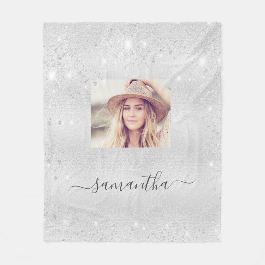 Zilveren glitter aangepaste fotonaam fleece deken (Voorkant)