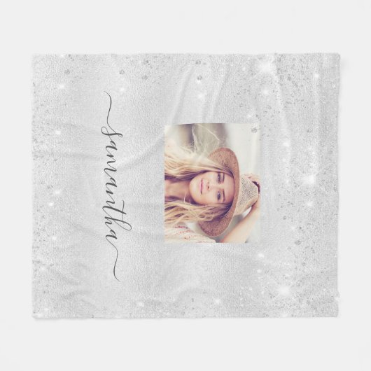 Zilveren glitter aangepaste fotonaam fleece deken (Voorkant (Horizontaal))