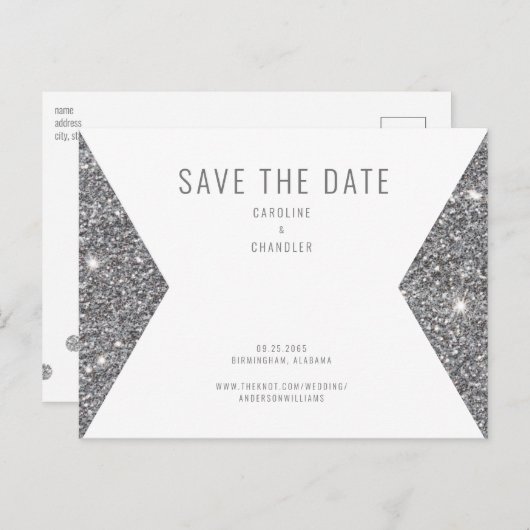 Zilveren Glitter Afbeelding Modern Save the Date Briefkaart (Voorkant / Achterkant)
