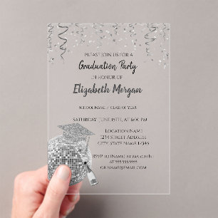 Zilveren Glitter Afstudeerhoed, Disco Bal Confetti Acryl Uitnodigingen
