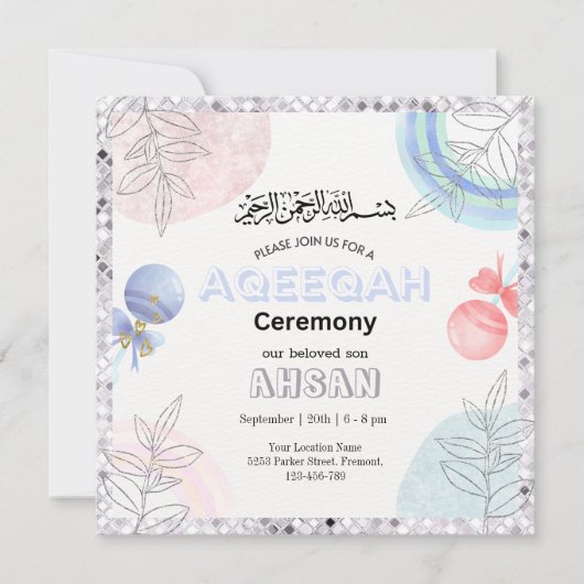 Zilveren Glitter Aqeeqah- Aqiqah- Uitnodiging (Voorkant)