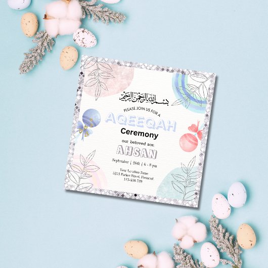 Zilveren Glitter Aqeeqah- Aqiqah- Uitnodiging