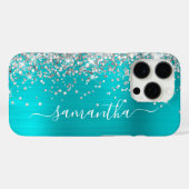 Zilveren Glitter Aqua Blue Metallic Girly Signatur Case-Mate iPhone Case (Achterkant (horizontaal))