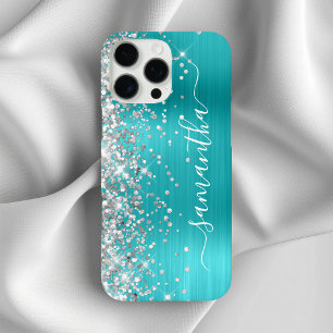 Zilveren Glitter Aqua Blue Metallic Girly Signatur iPhone 16 Pro Max Hoesje