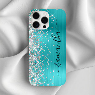 Zilveren Glitter Aqua Blue Metallic Girly Signatur iPhone 16 Pro Max Hoesje