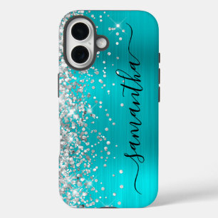 Zilveren Glitter Aqua Blue Metallic Girly Signatur iPhone 16 Hoesje