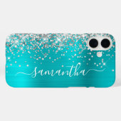 Zilveren Glitter Aqua Blue Metallic Girly Signatur Case-Mate iPhone Case (Achterkant (horizontaal))
