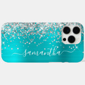 Zilveren Glitter Aqua Blue Metallic Girly Signatur Case-Mate iPhone Case (Achterkant (horizontaal))