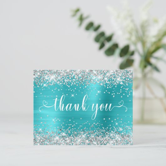 Zilveren Glitter Aqua Blue Sweet 16 harten Dank u Briefkaart (Staand voorkant)