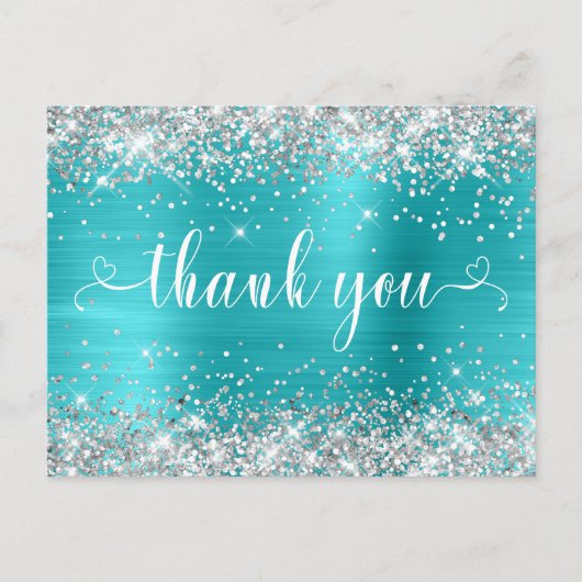 Zilveren Glitter Aqua Blue Sweet 16 harten Dank u Briefkaart (Voorkant)