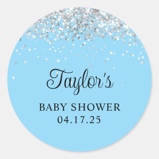 Zilveren Glitter Baby Blauwe Shower Ronde Sticker (Voorkant)