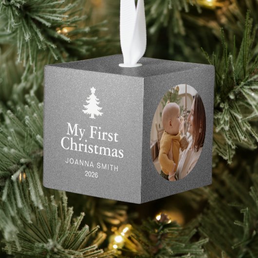 Zilveren Glitter Baby's Eerste Kerstmis Naam Foto Decoratie (Boom)