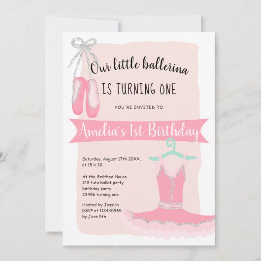 Zilveren glitter ballerina tutu 1e verjaardagsfees kaart (Voorkant)