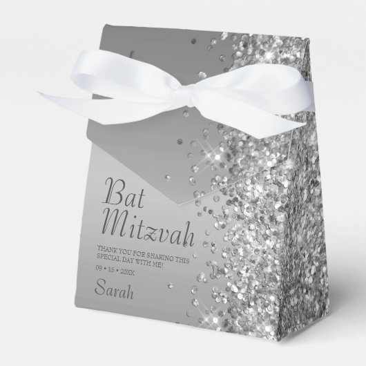 Zilveren Glitter Bat Mitzvah Bedankdoosjes (Voorkant Zijde)