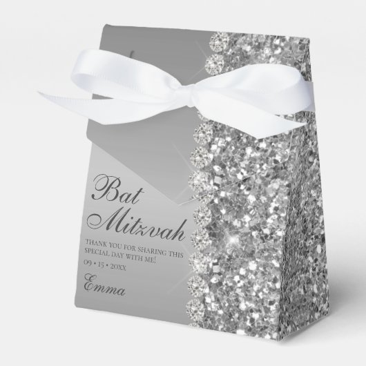 Zilveren Glitter Bat Mitzvah Bedankdoosjes (Voorkant Zijde)