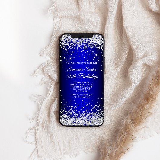 Zilveren Glitter Blauw Ombre 50e Verjaardag Kaart