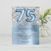 Zilveren Glitter Blauwe Ballon Glam 75e Verjaardag Kaart (Staand voorkant)