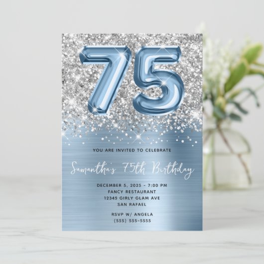 Zilveren Glitter Blauwe Ballon Glam 75e Verjaardag Kaart (Staand voorkant)