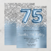 Zilveren Glitter Blauwe Ballon Glam 75e Verjaardag Kaart (Voorkant / Achterkant)