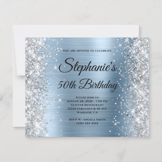 Zilveren Glitter Blauwe Folie Monogram 50e Verjaar (Voorkant)