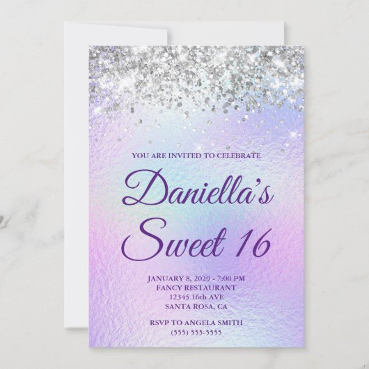 Zilveren Glitter Bleek Iriserend Folie Sweet 16 Kaart (Voorkant)