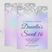 Zilveren Glitter Bleek Iriserend Folie Sweet 16 Kaart (Voorkant / Achterkant)