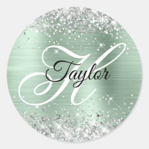 Zilveren Glitter Bleek Mint Folie Fancy Monogram Ronde Sticker