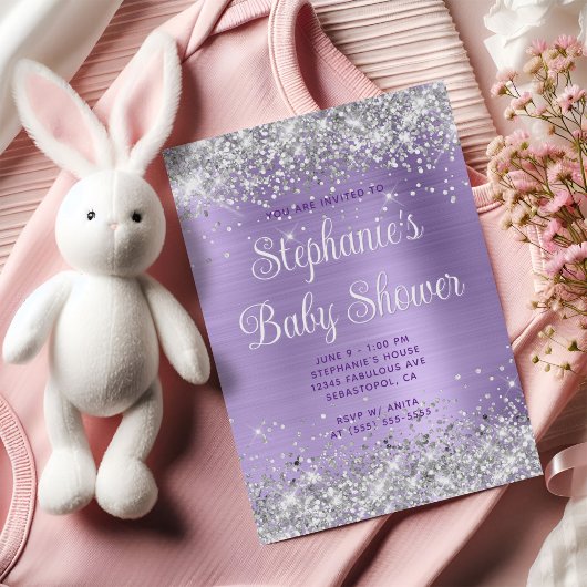 Zilveren Glitter Bleek Paarse Baby Shower Kaart
