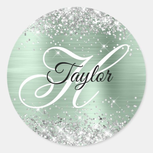 Zilveren Glitter Bleke Mint Folie Fancy Monogram Ronde Sticker (Voorkant)