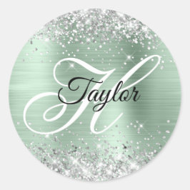 Zilveren Glitter Bleke Mint Folie Fancy Monogram Ronde Sticker